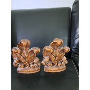 2 Vtg 1940s Syroco Faux Wood Bookends Feathers Leafy Leaves Floral EUC Book Ends